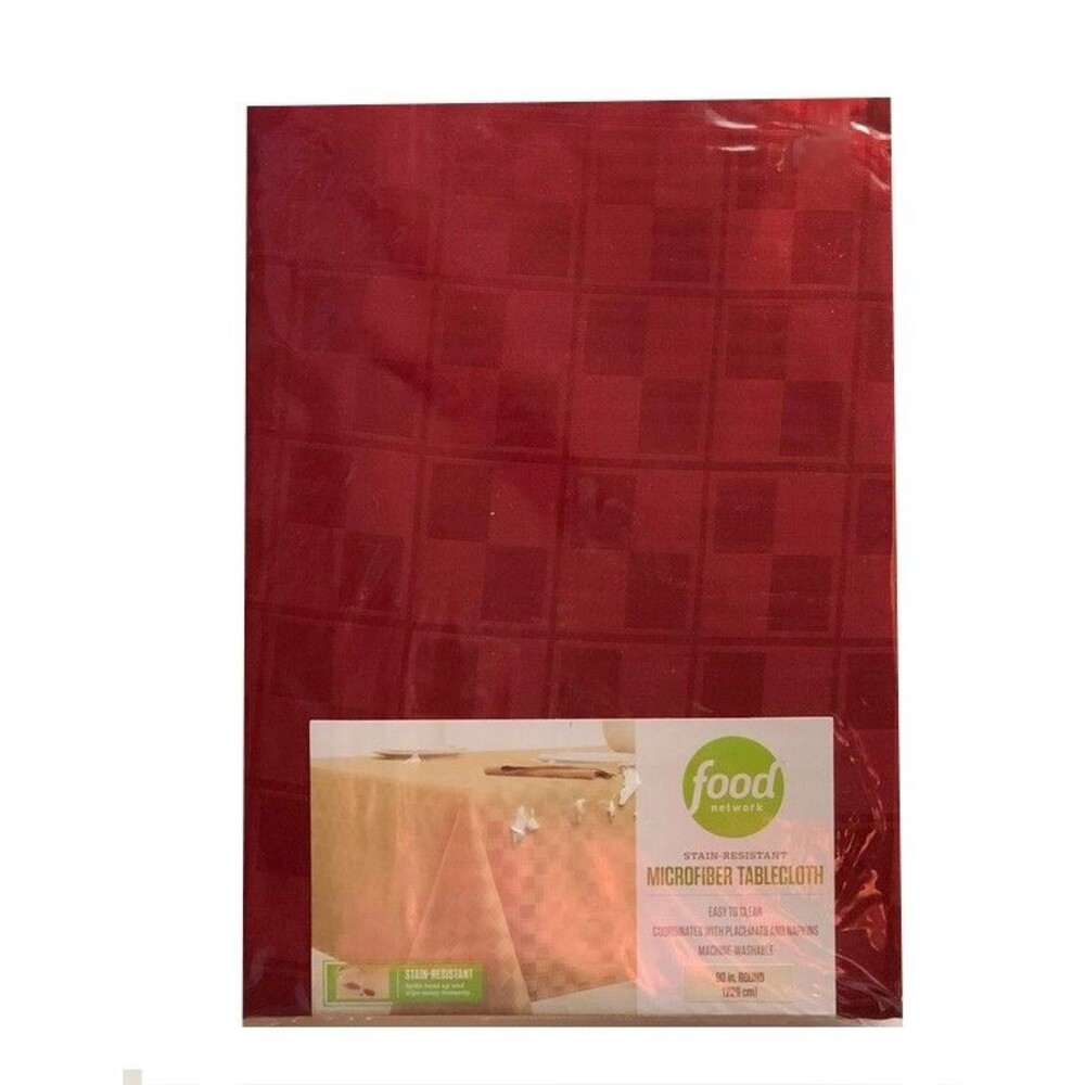 Food Network Red Maroon Tablecloth Check Easy Care Thanksgiving Fall 90" Round